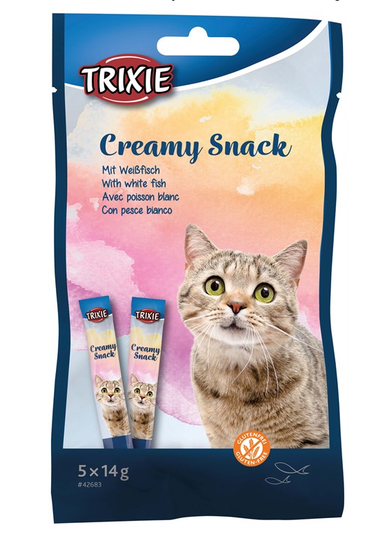 Creamy Snacks till katt. Med vitfisk, 5 × 14 g
